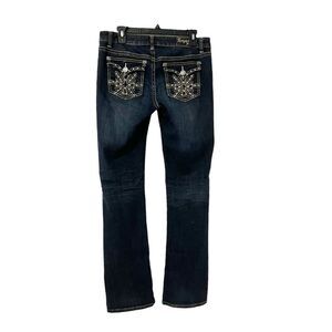 Request Jeans Dark Denim Flap Embellished Pockets Boot Cut Distressed Size 13/32